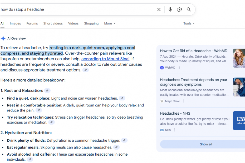 AI Overview answers headache questions